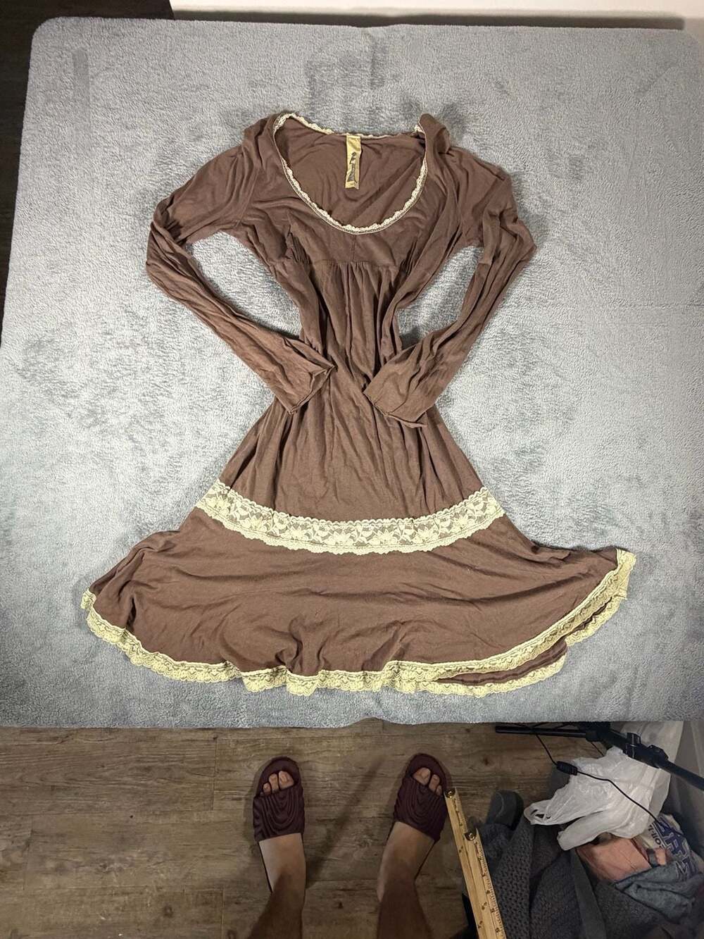 Miss Me Long Sleeve Lace Trim Dress Brown Y2K Fairy Grunge